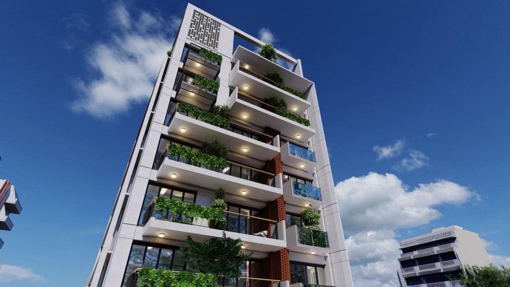 Detail of lit balconies and planters on a BuildCraft façade