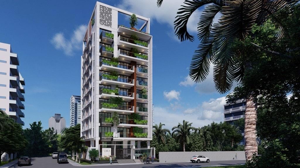 Daytime render of a BuildCraft residence on a tree-lined street in Jolshiri Abashon
